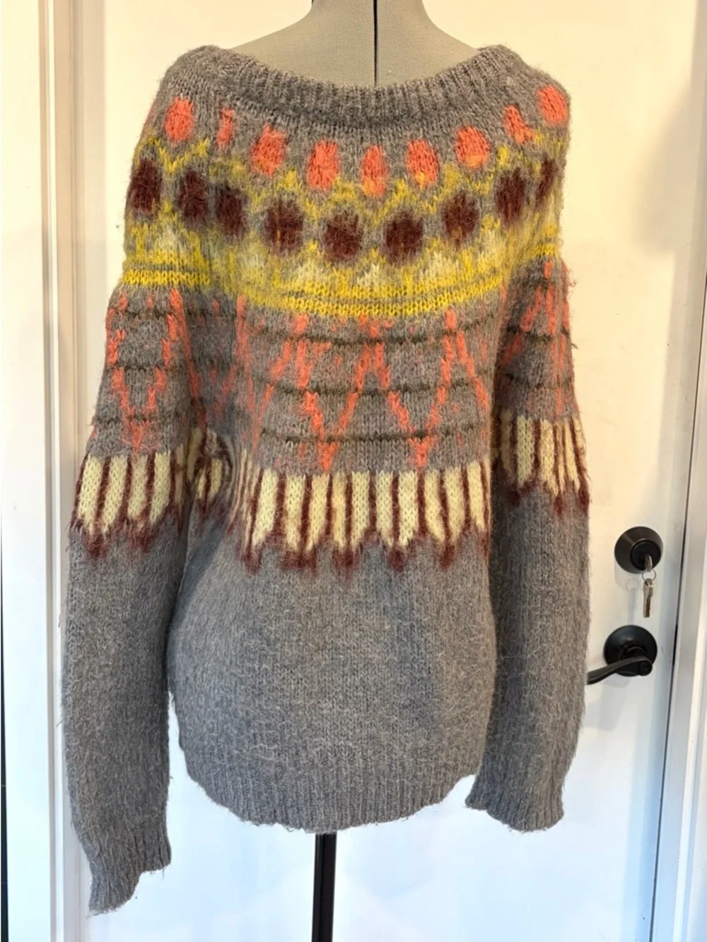 SAMSOE Samsoe Alpaca Fair Isle Sweater, oversized, grey-yellow, S, GUC - Picture 2 of 13